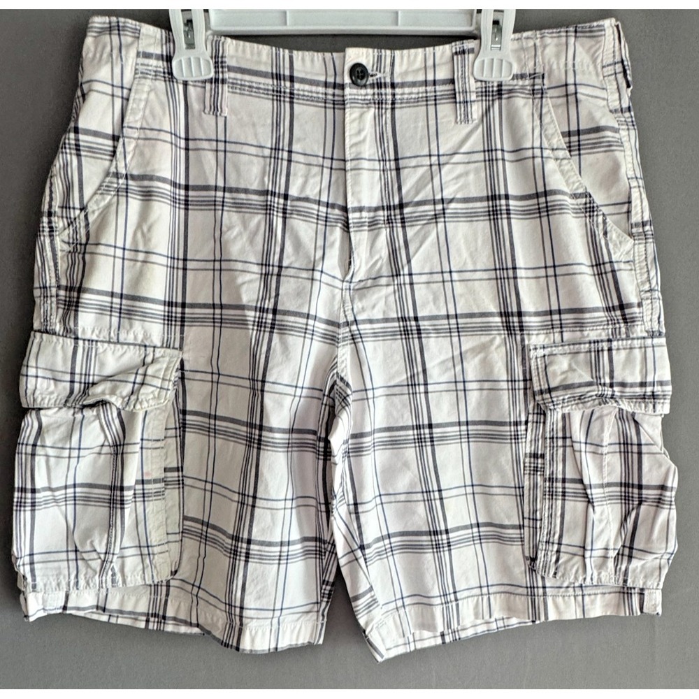 Old Navy Plaid Cargo Shorts Men's 36x10 100% Cotton White Blue Gray Casual